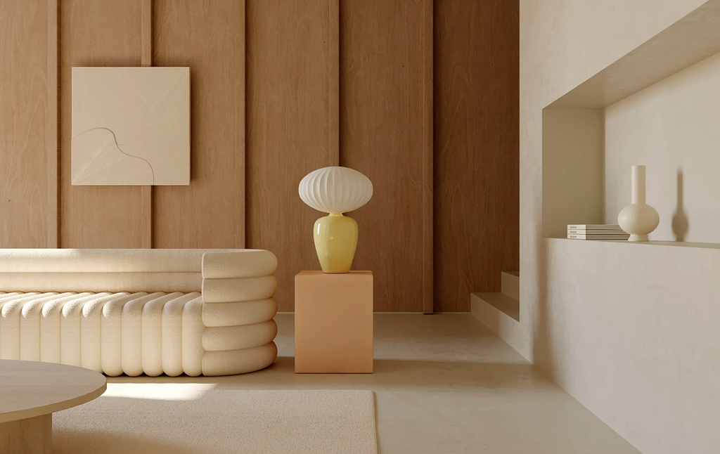 A render of a living room hoighlighting a lamp, made by Bureau Benjamin using Redshift