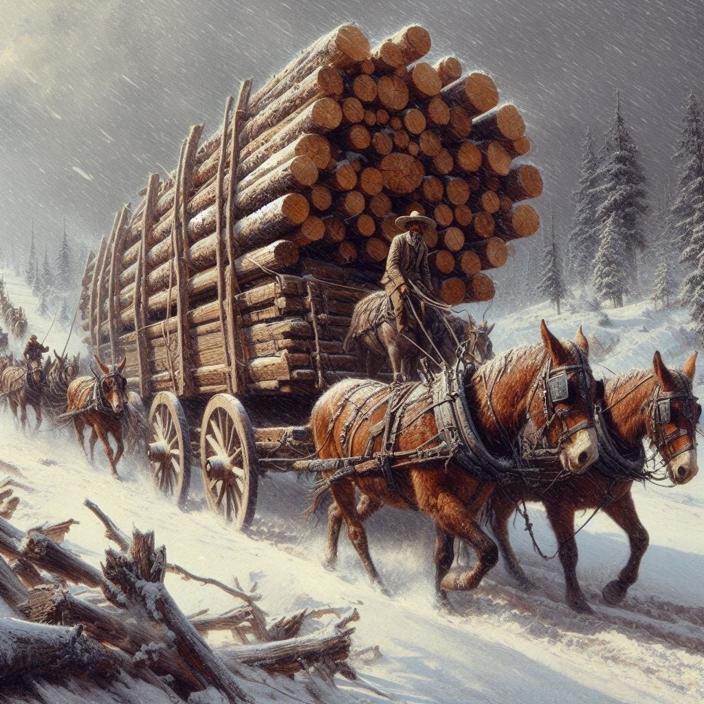 A mule train with a freight wagon full of lumber struggles during a severe snowstorm.