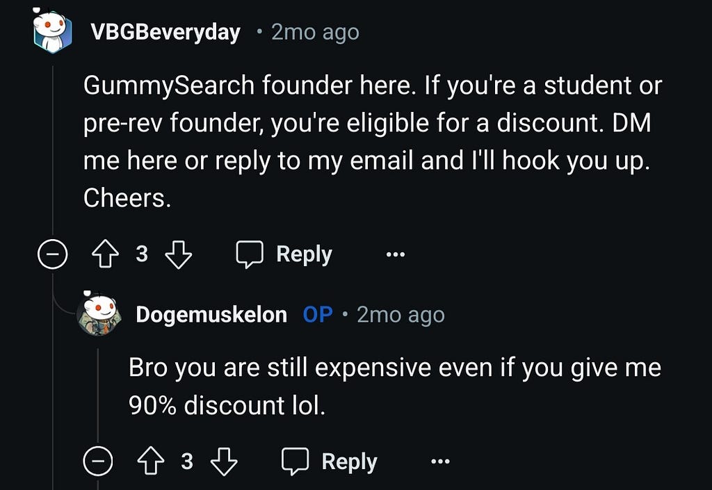 Reddit Screenshot-GummySearch Founder @VBGBeveryday user responding to OP: GummySearch Founder here. If you’re a student or pre-rev founder, you’re eligible for a discount. DM me here or reply to my email and I’ll hook you up. Cheers. 3 reddit upvotes on this one. Dogemuskelon OP responding to comment: Bro you are still expensive even if you give me 90% discount lol. 3 upvotes on his comment as well