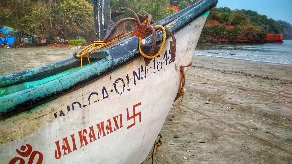 The swastika symbol painted on a fisherman’s boat in India