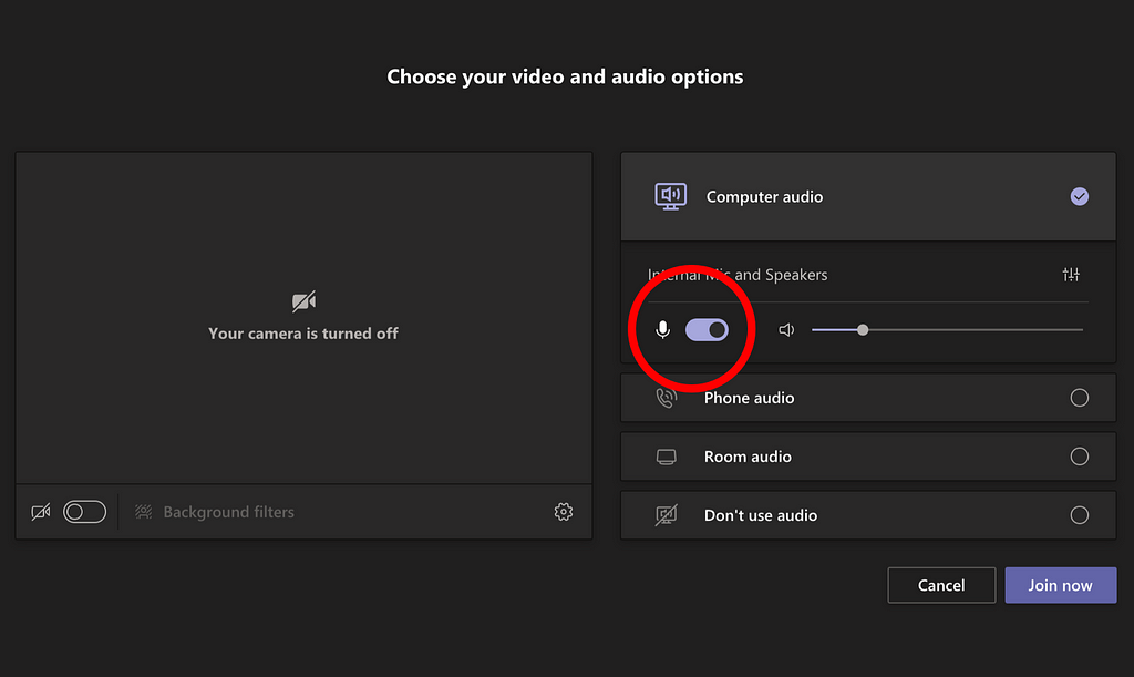 A screenshot of the UI in Teams when you’re joining a call, which gives you options for your camera and audio