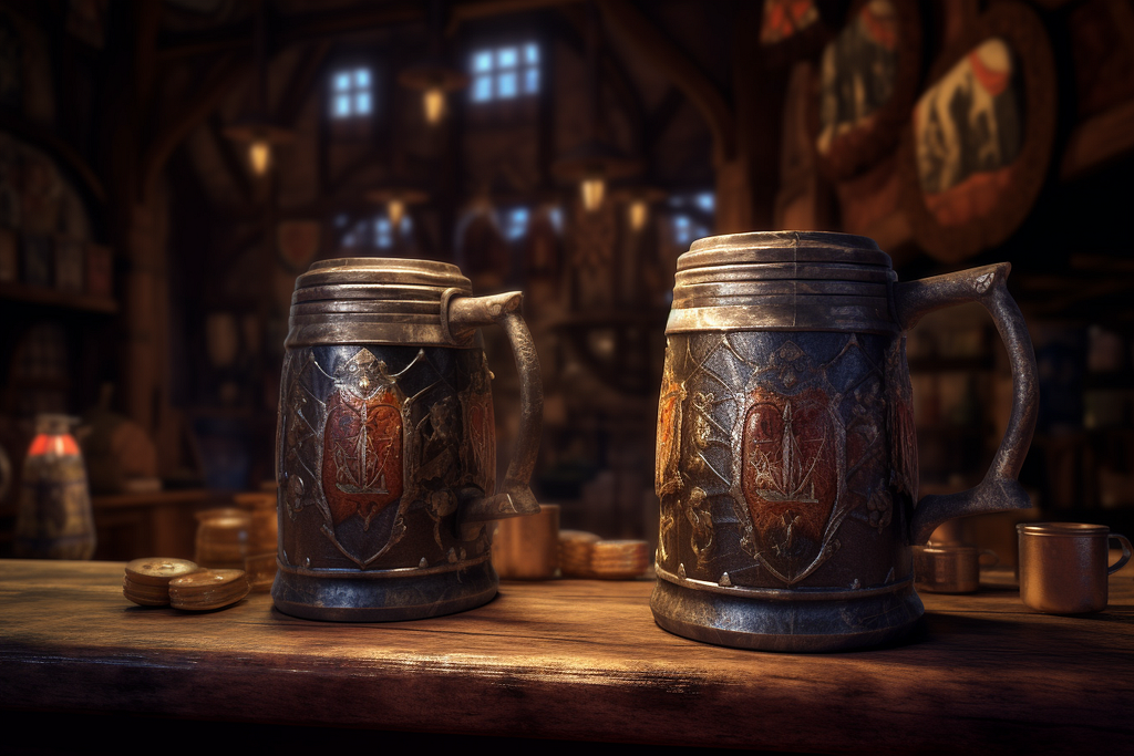 Two flagons of ale on a wooden table in a medieval inn.