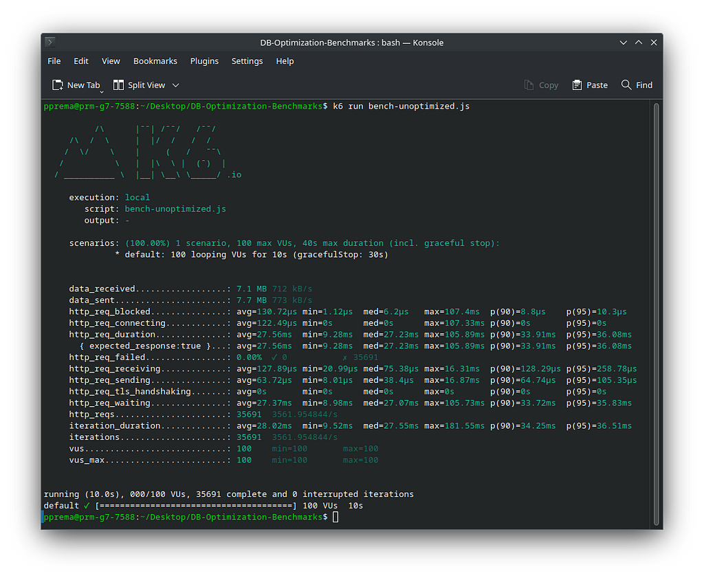 Screenshot of benchmark result of an API that does multiple database calls.