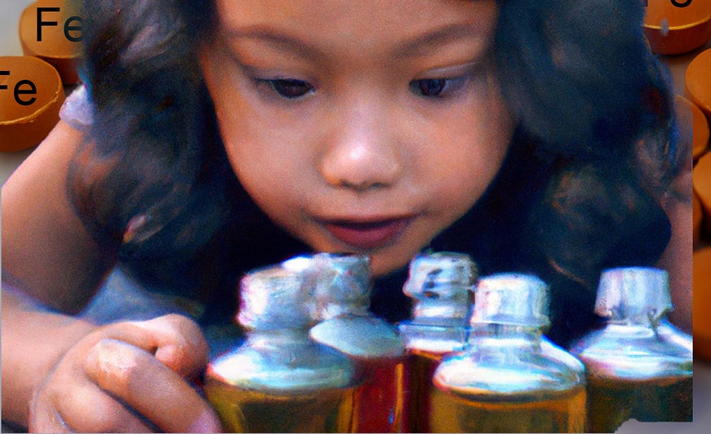 Child looks at olive oil bottles