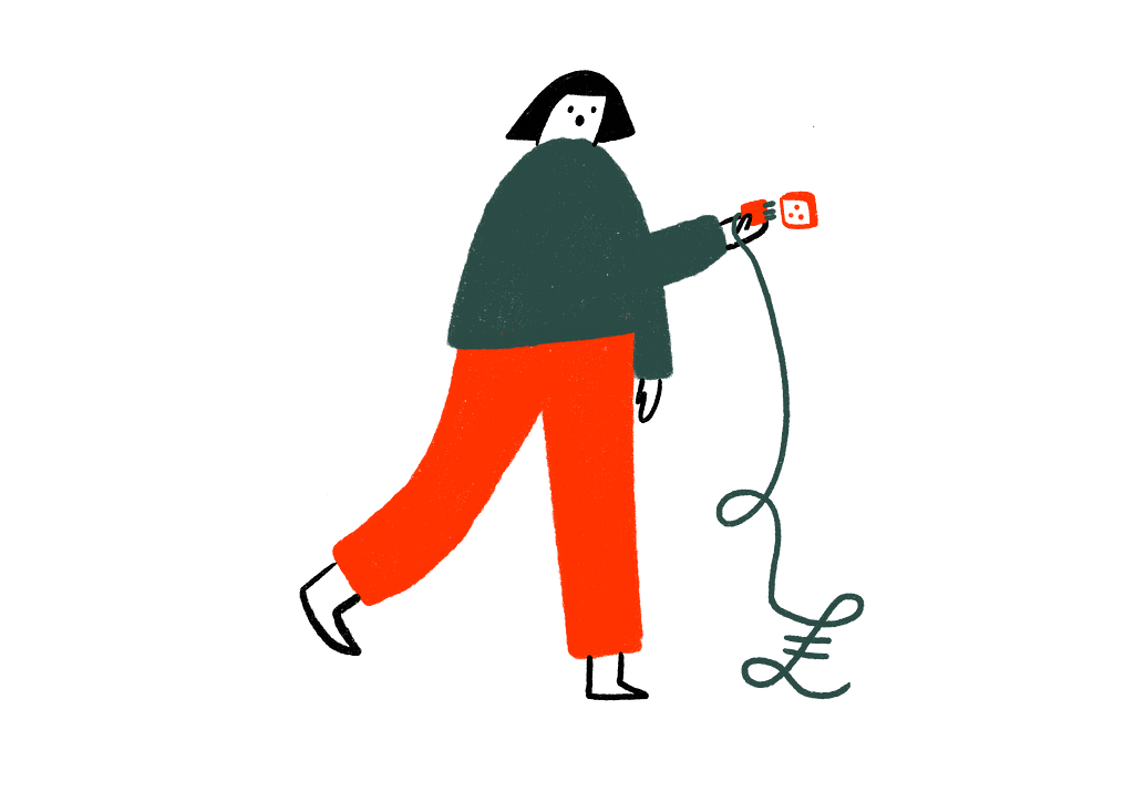 Illustration of a woman plugging a cable into a socket. At the end of the cable is a £ sign.