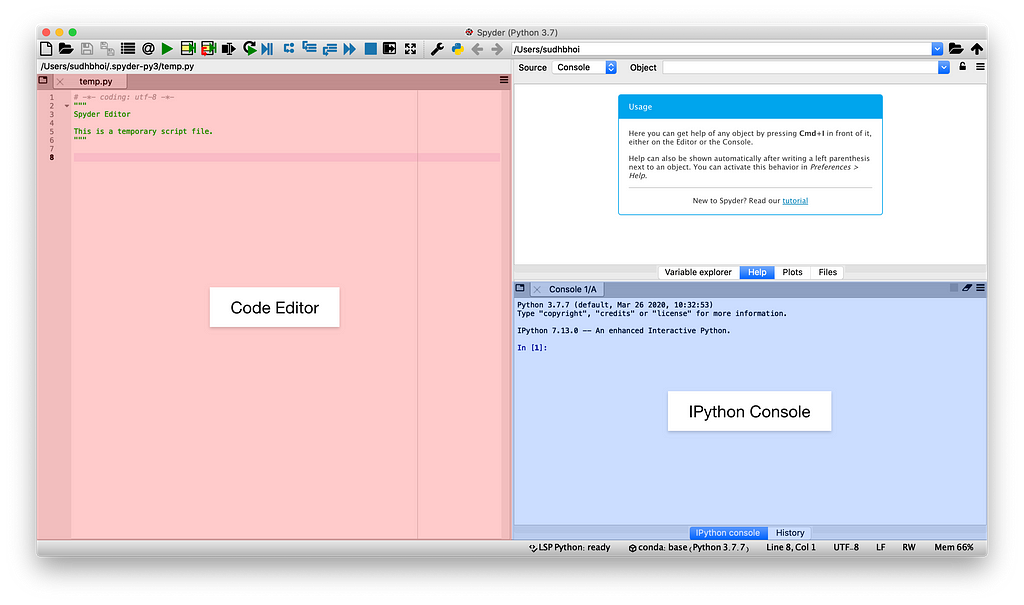 Spyder window with Code Editor and IPython Console marking.