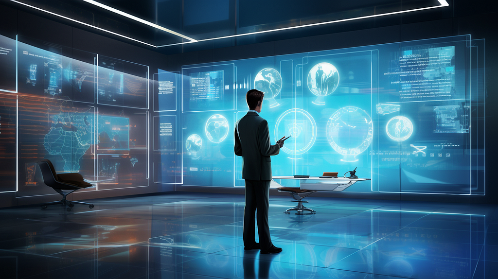 A man is depicted in a futuristic meeting room, surrounded by a cyber-themed backdrop
