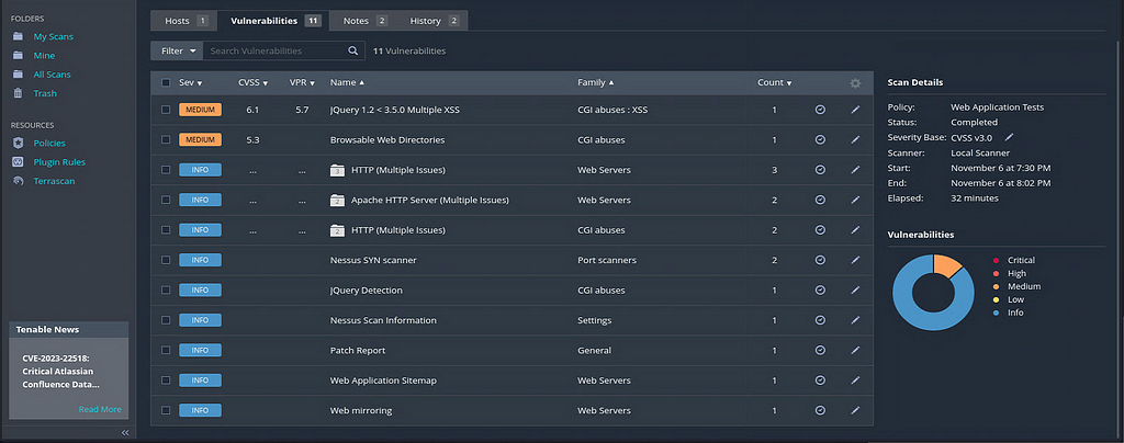 A Nessus dashboard showing the vulnerabilities after a completed scan.