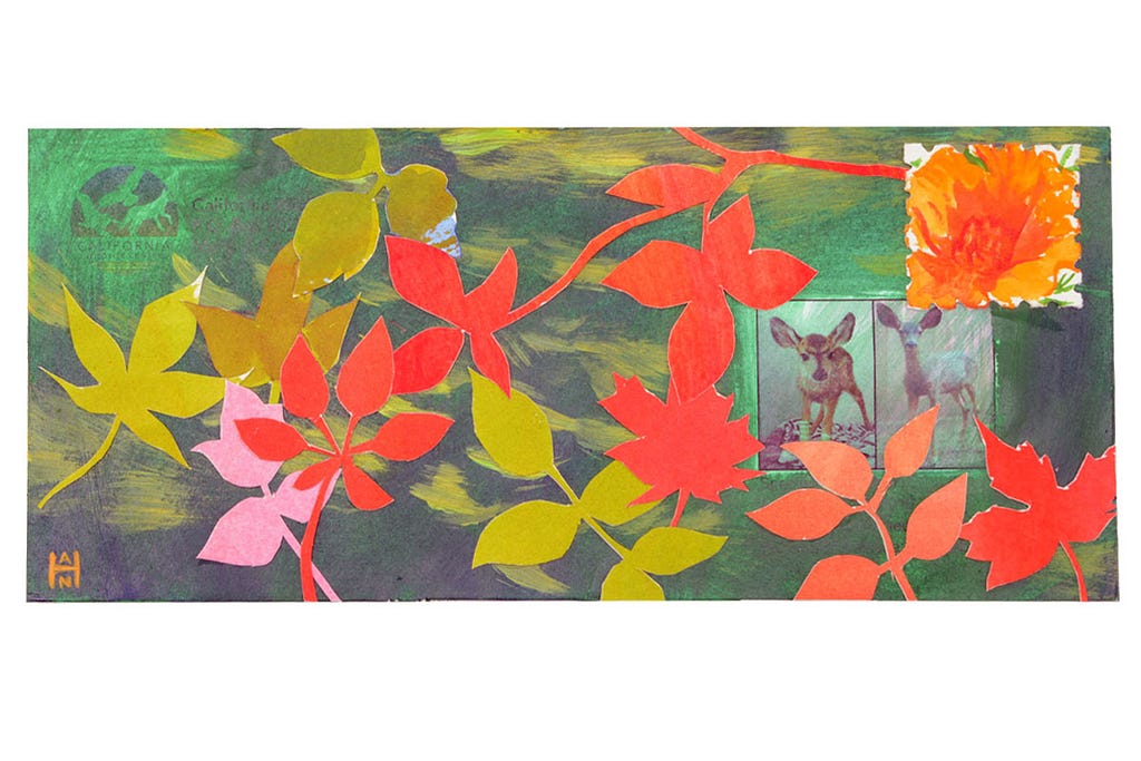 Envelope art by Stephanie Han titled “Lost in the Forest” created with acrylic paint, watercolor paper, and watercolor paints on a 9 x 4.125 inch recycled envelope. Art shows colorful silhouettes of leaves over a background of greens as well as two photos of deer.