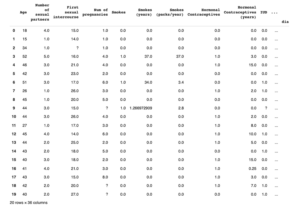 First 20 rows of the dataframe