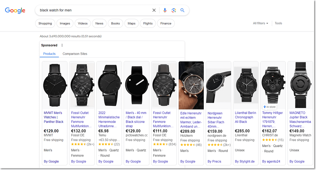 Google Shopping results page for the query “black watch for men”