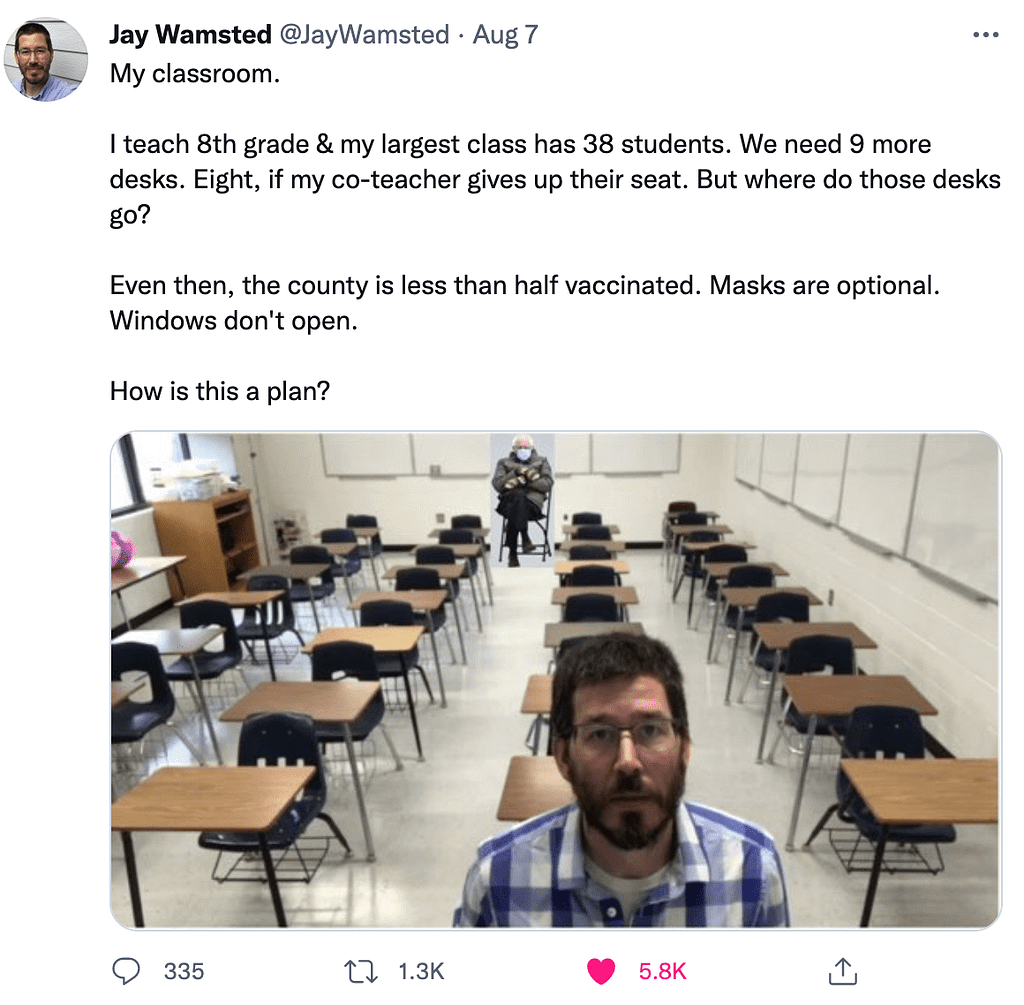 A tweet from teacher Jay Wamsted showing an empty classroom of 38 desks.