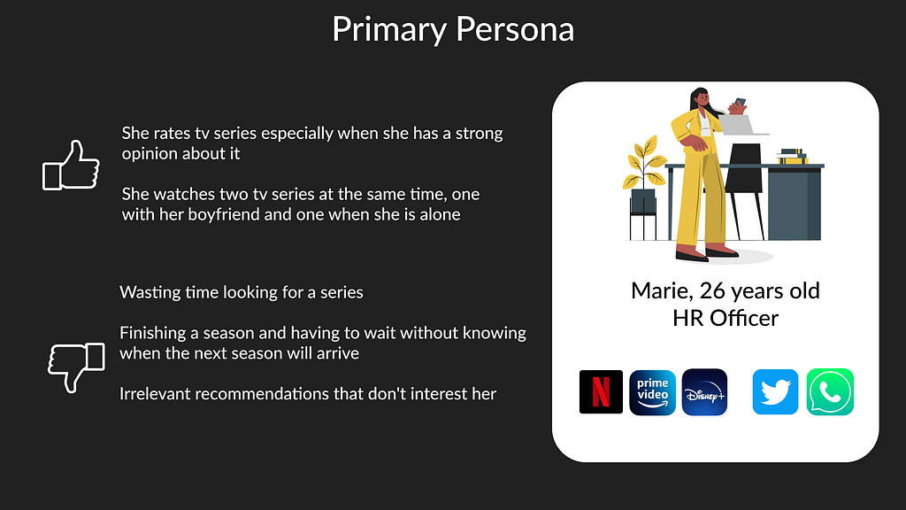 Primary Persona, 26 years old, HR Officer : rate series when she has a strong opinion, watches two series at the same time, one alone and one withe her boyfriend. Waste time looking for tv series, irrelevant recommendations