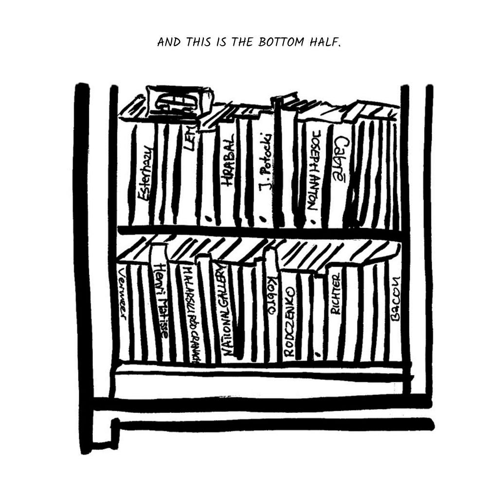 Black and white drawing of the half of bookcase