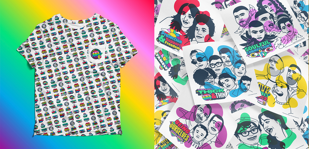 Mock-up of patterned t-shirt from illustrated stickers and a photo of printed family portraits / weareinhouse.com