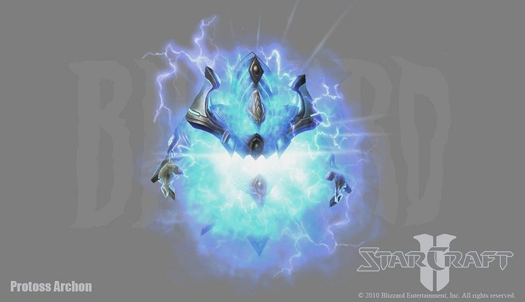 A fan art of a character from the video game StarCraft 2 called Protoss Archon.