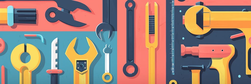 An illustration of various tools including spanners and wrenches on a brightly coloured red and blue surface.