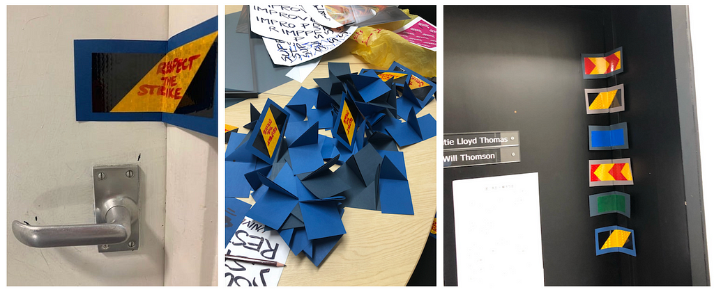 Three images of folded paper inserts in blue and yellow. The paper inserts are shown in a pile on a table, then taped across doors and door frames, preventing the door from opening without ripping the paper insert.