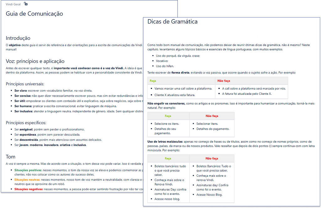 Capturas de tela com duas páginas do guia dentro da intranet da Vindi: a página de apresentação e de dicas de gramática.