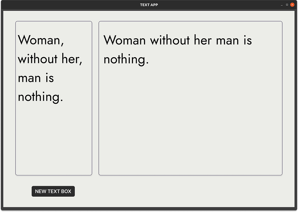 A simple application mockup showing an app window with two text boxes and a button to create a new text box, one text box is larger, indicating the fact that its contents are more susceptable to misinterpretation.