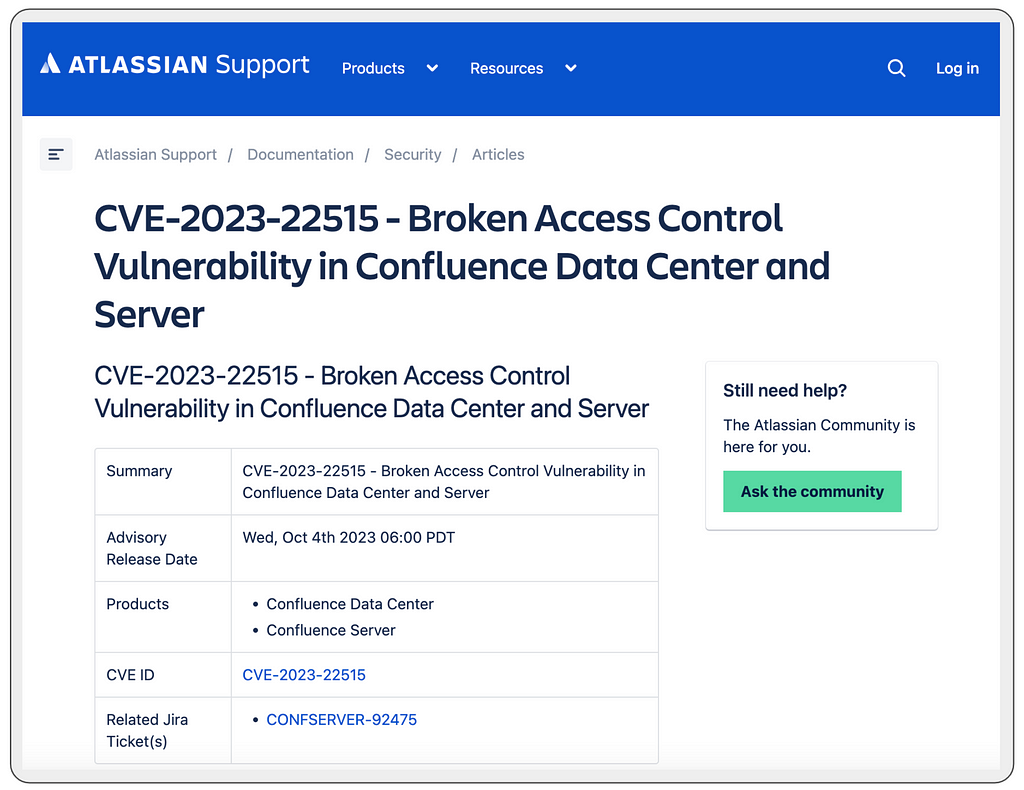 Atlassian security article page about the CVE-2023–22515