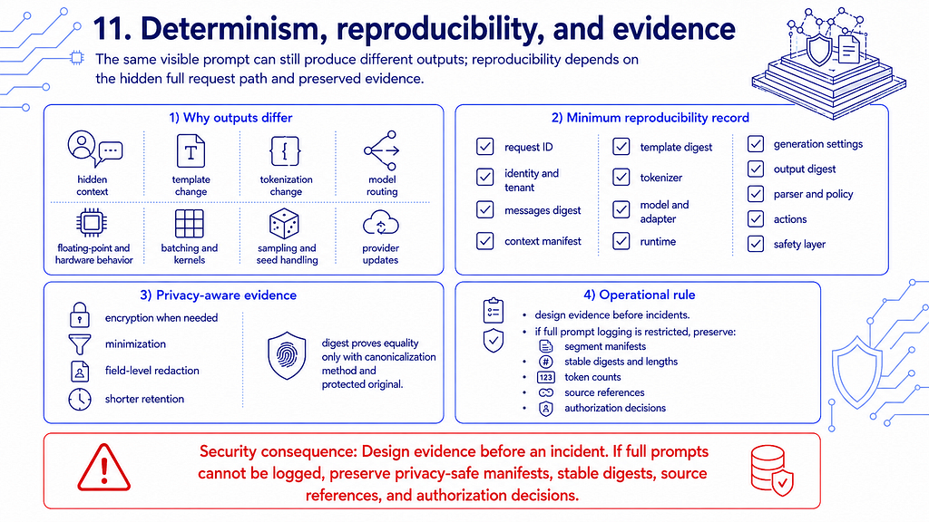 Determinism, reproducibility, and LLM evidence records