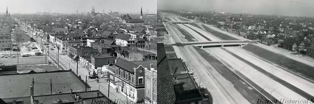 Side-by-side comparison of a section of destroy. On the left, moderate-density housing, a healthy, vibrant neighborhood. On the right, broad, empty highway.