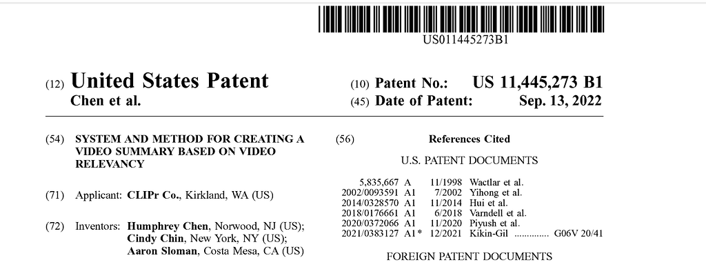 Screenshot of the header for CLIPr’s latest’ patent.