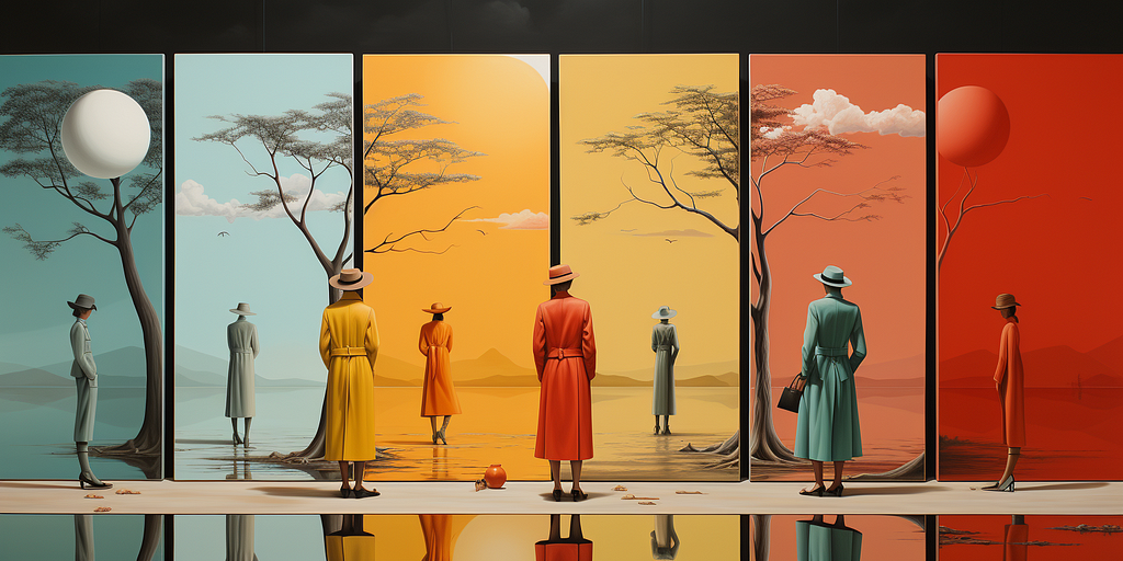 thin trees and transparent panels of color, with women facing away in color coordinated outfits… Style reminiscent of Rene Magritte