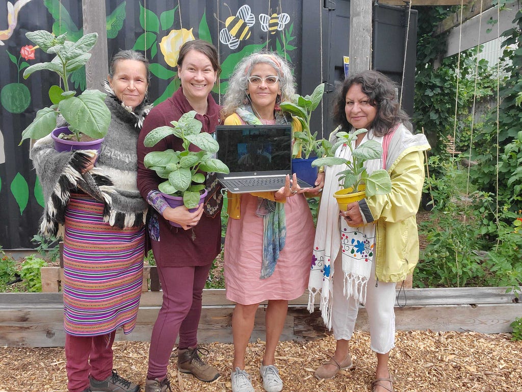 An image of four people — Laya, Sisa, Llushan and Tzunki—holding tobacco plants and a computer, in the coFood Collaborative Garden.