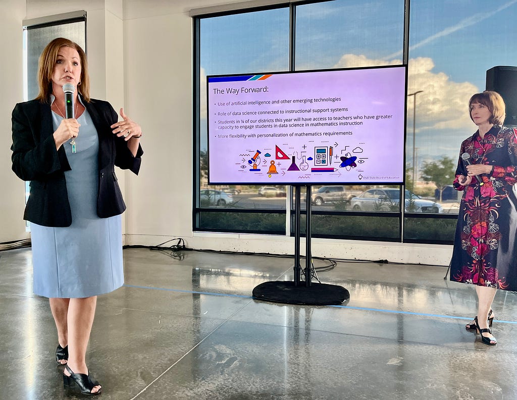 Deputy Superintendent (left) and Superintendent Syndee Dickson (right) of Public Instruction for the Utah State Board of Education share updates on the K-12 Data Science state pilot program.