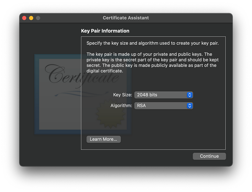 Key Size and Algorithm selected