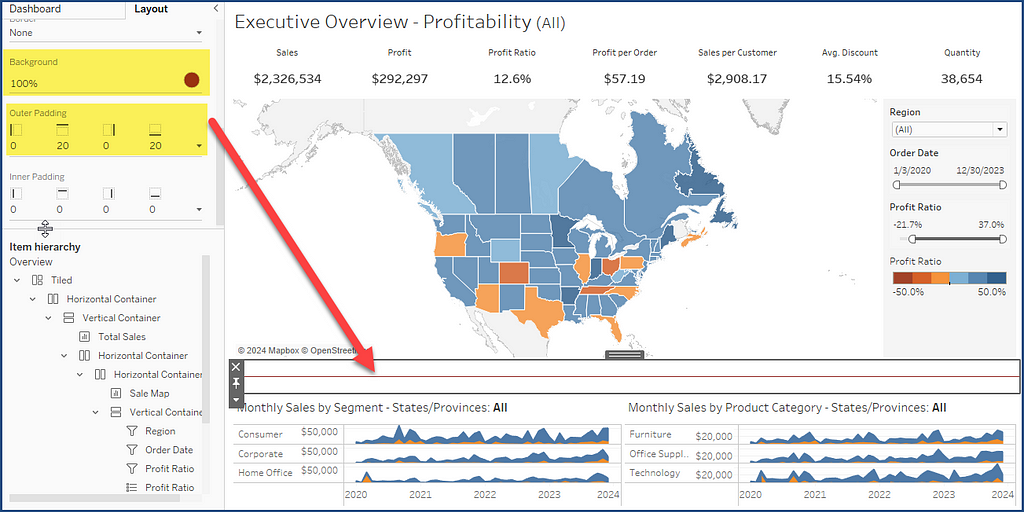 Superstore Sales dashboard showing the use of a blank object to create a horizontal divider line