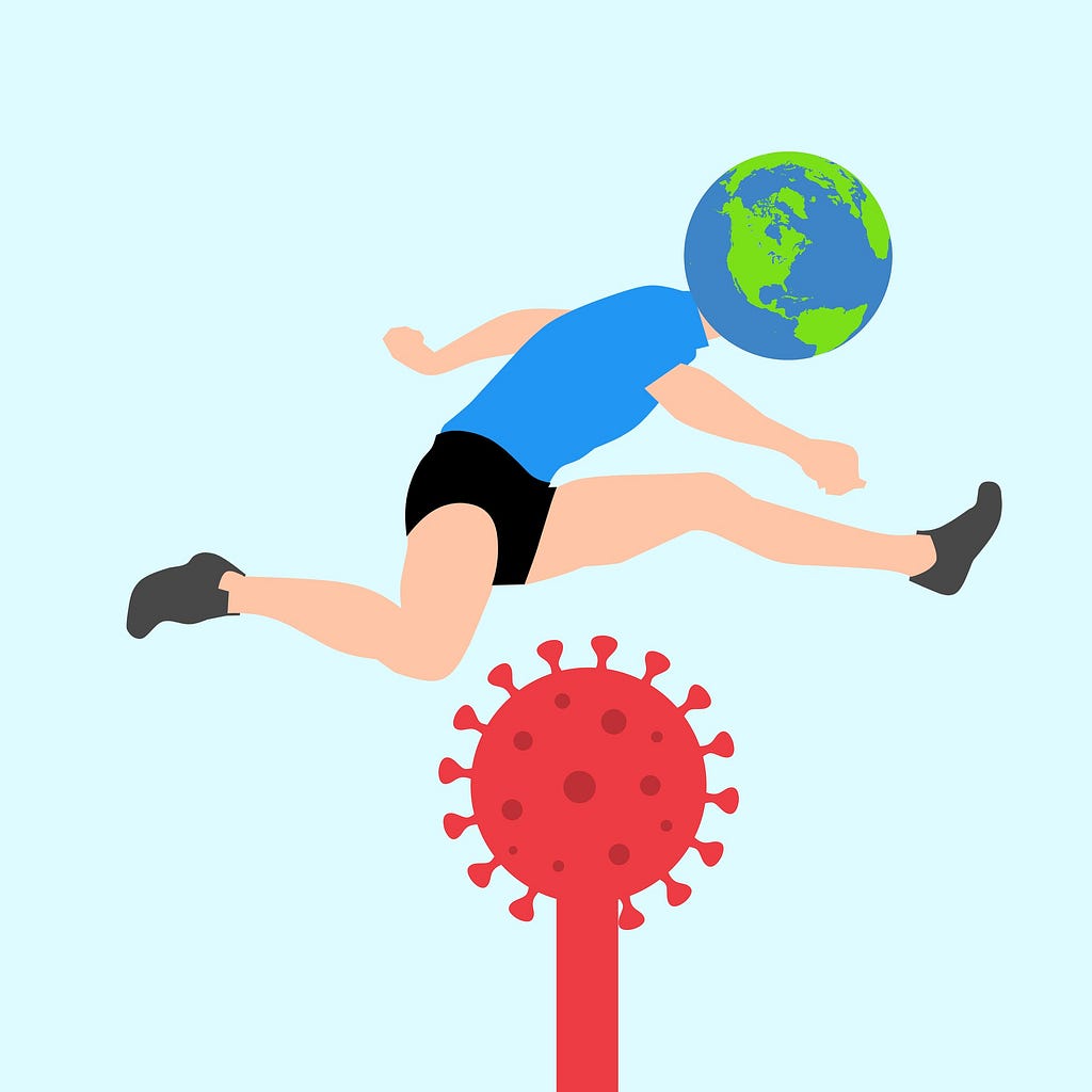 a graphic of a person with a globe as a head jumping over a coronavirus to represent the world getting over the pandemic