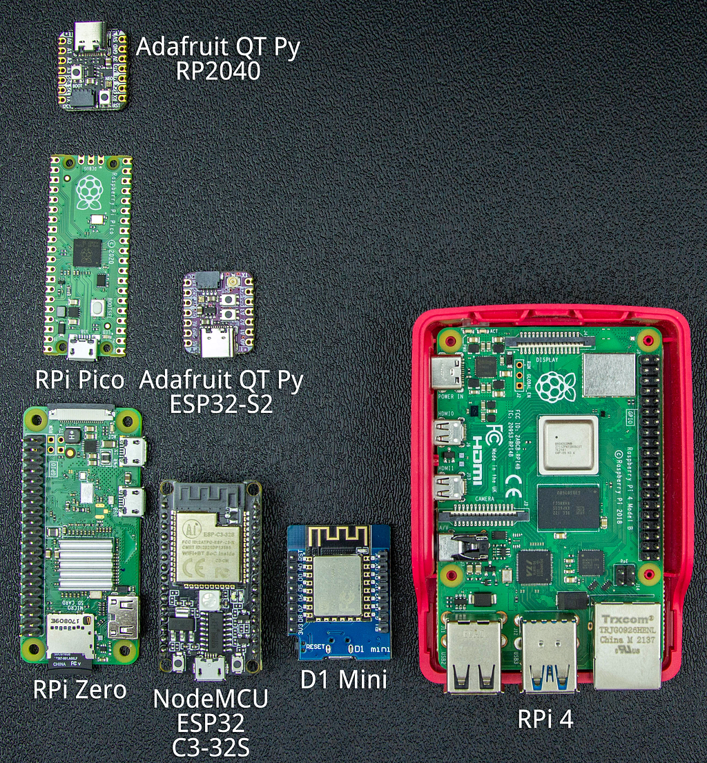 An assortment of Microcontrollers and Microcomputers are arranged next to each other: Adafruit QT Py ESP32-S2, Adafruit QT Py RP2040, RPi Pico, RPi Zero W, RPi 4, D1 Mini, NodeMCU ESP-C3–32S.