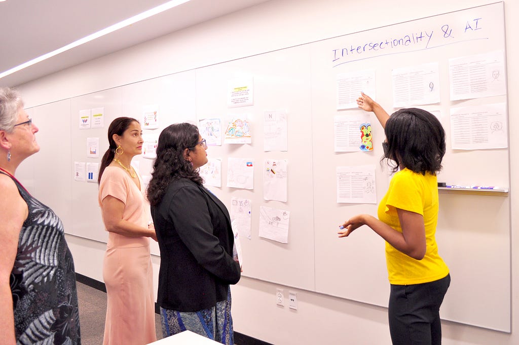 Photo of Raechel Walker gesturing to a whiteboard with “Intersectionality & AI” written on it and student projects taped underneath it. Mayor Sumbul Siddiqui, Cynthia Creazeal, and another woman from the City of Cambridge Office look on.