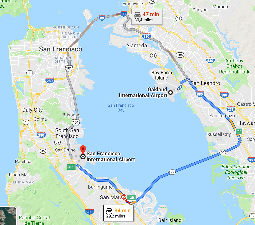 Google Maps screen-shot showing the proximity between San Francisco International and Oakland Airport