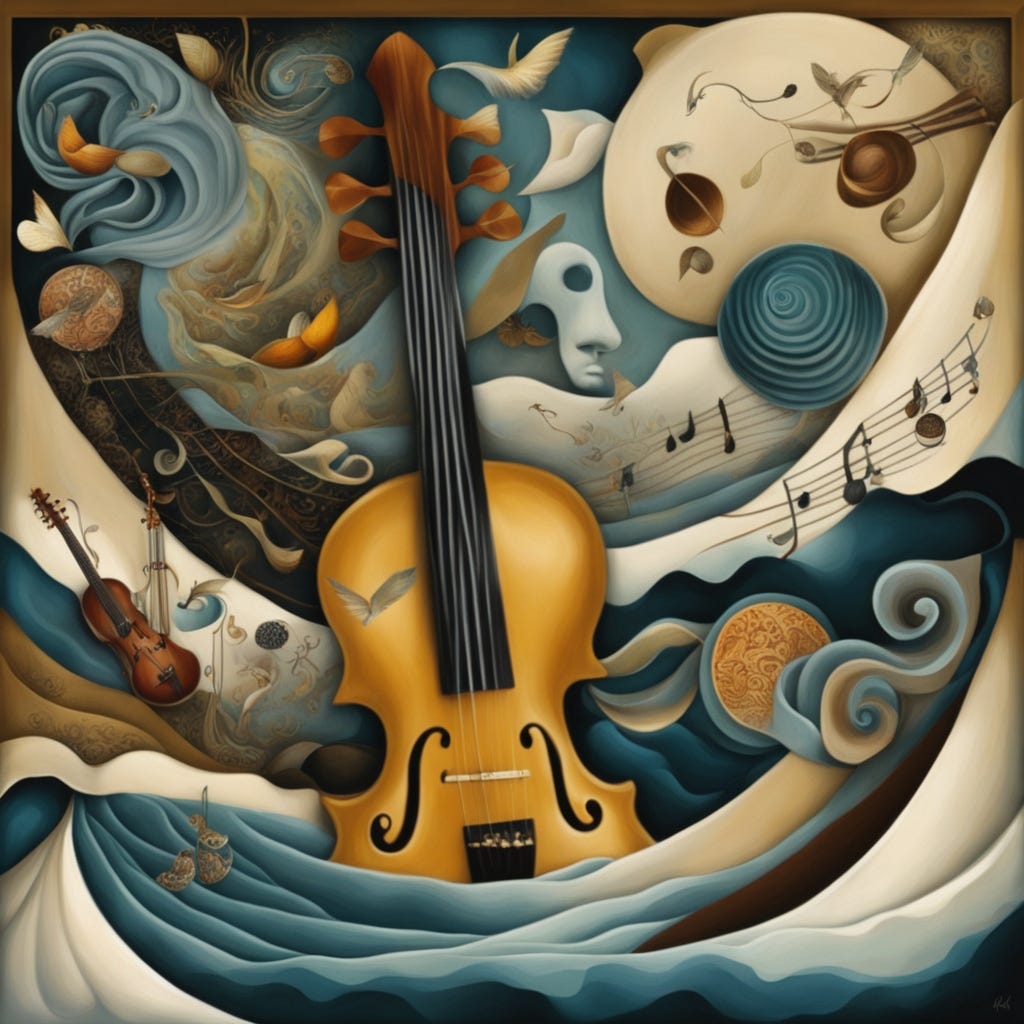 AI-generated image of a violin swimming on a sea of musical notes