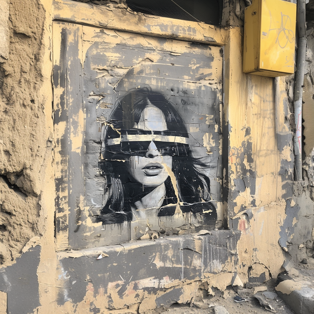 An image of a spray painted wall with a woman that has tape over her eyes