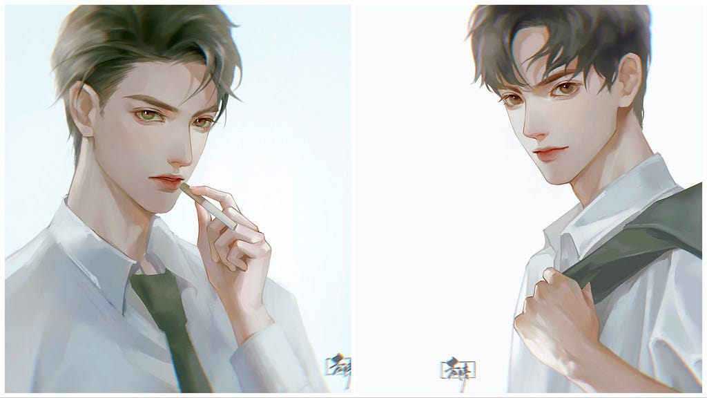 Xie Qingcheng holding a cigarette close to his lips and He Yu holding a jacket over his shoulder, Artist:杳清