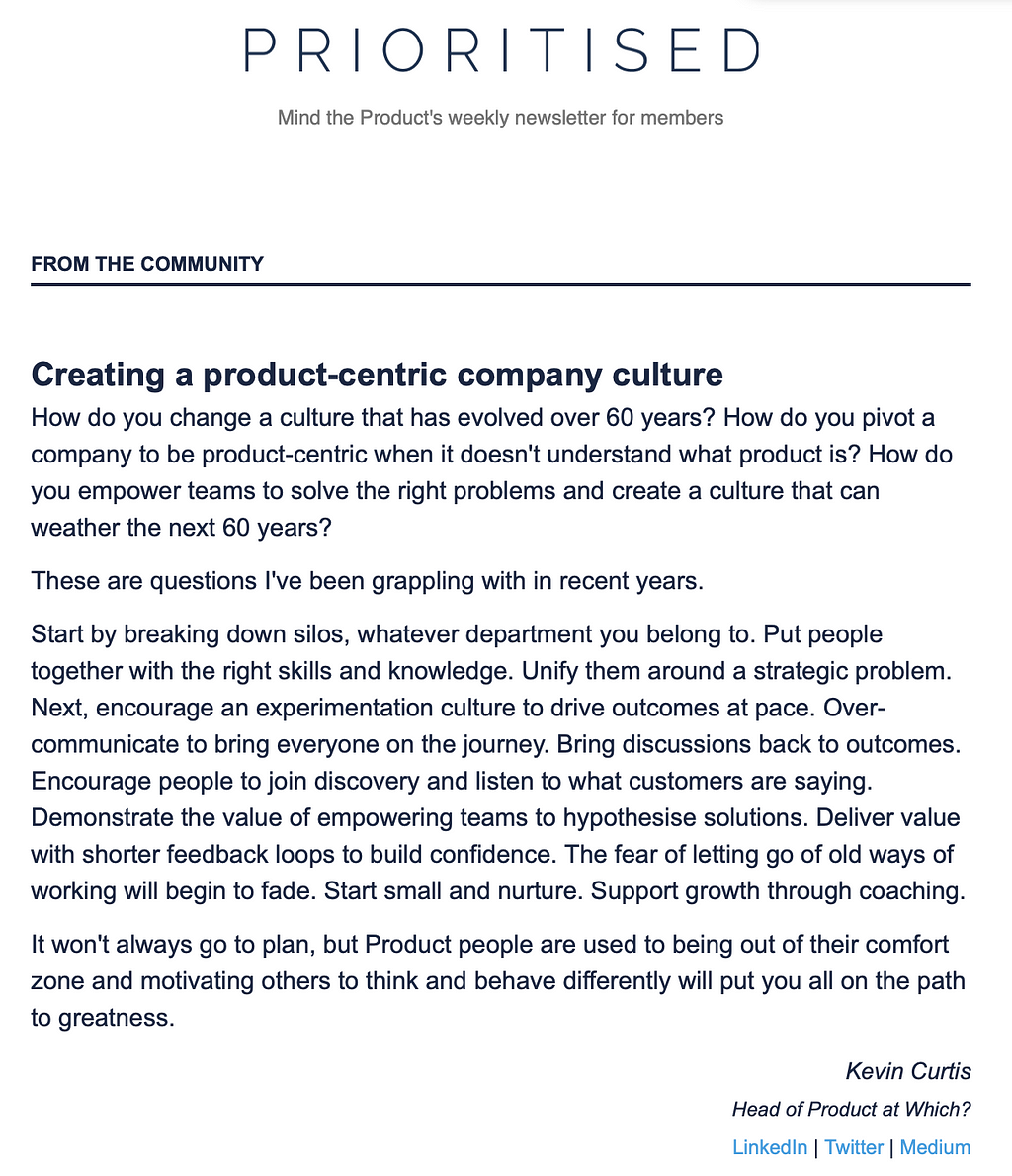 A screenshot of my contribution to the Mind The Product (MTP) Prioritised Newsletter