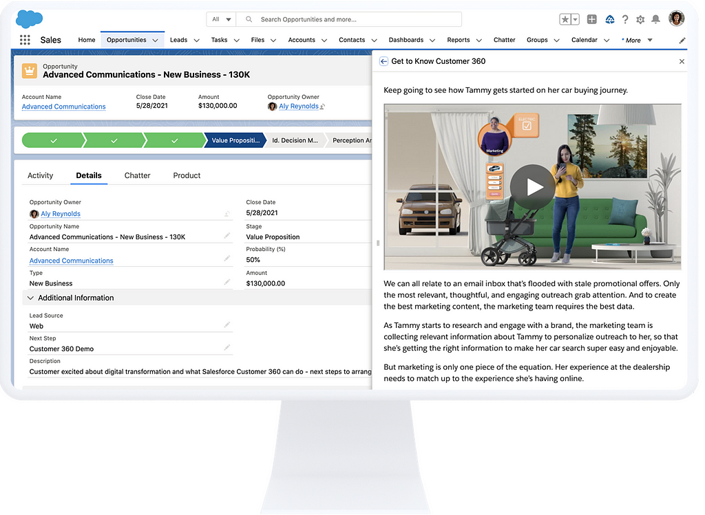 A screenshot of new Salesforce Learning Paths showing a Salesforce Opportunity on the left with a pull-out of a related video from a Trailhead module on the right.