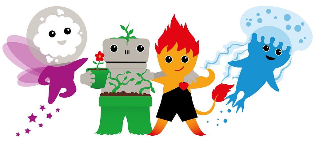 Drawing of four characters representing the four elements