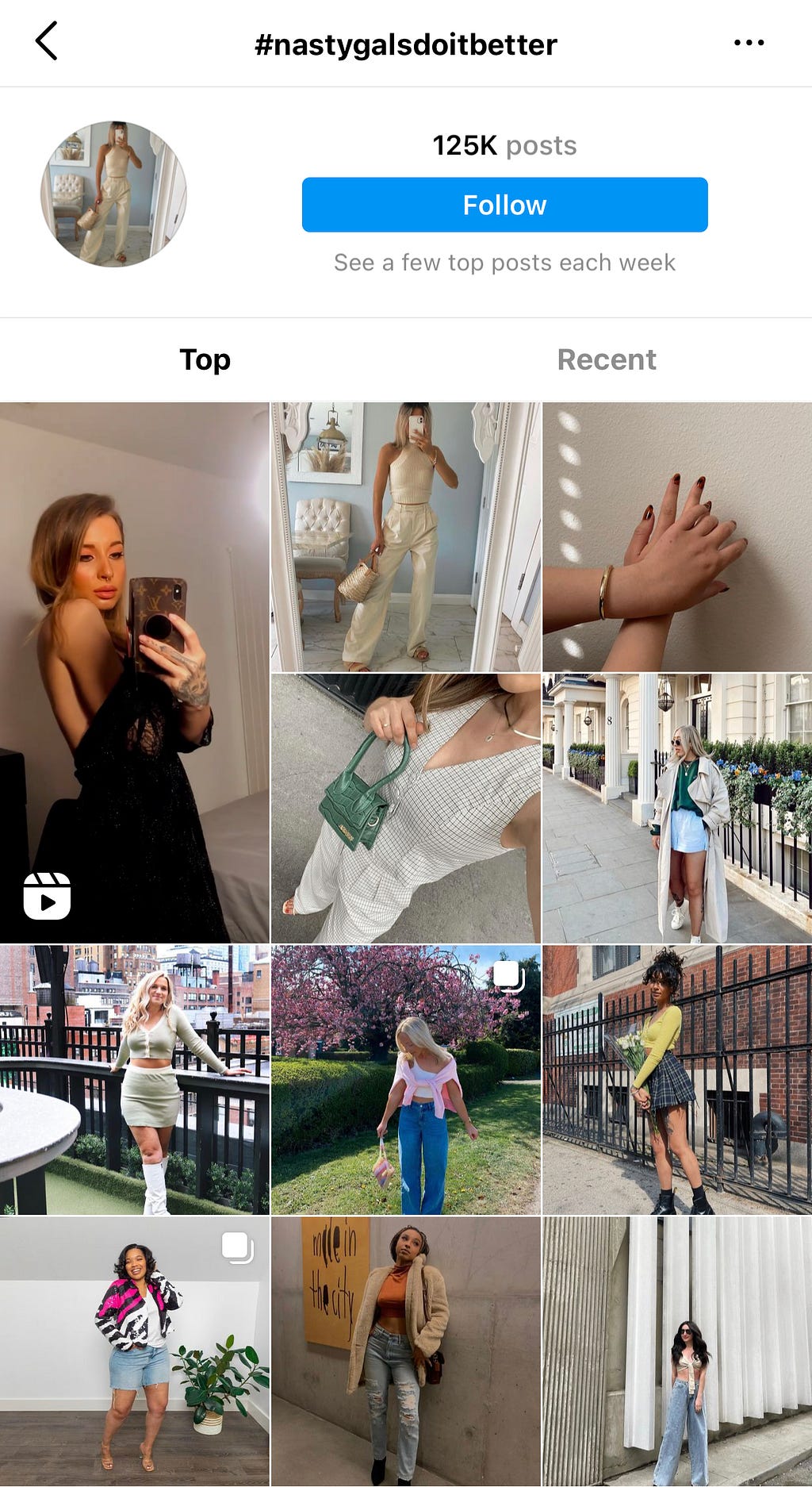 A screenshot of Instagram page on #NastyGalsDoItBetter. Filled with pictures of micro-influencers.