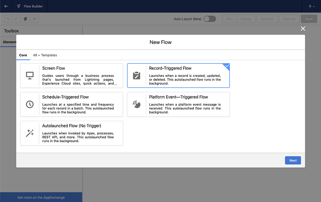 Flow builder screen showing a new flow with Record Triggered Flow checked.