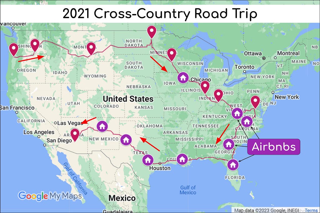 A map of the United States with our travel route marked by a red line. Purple houses mark the Airbnbs we stayed at each stop.