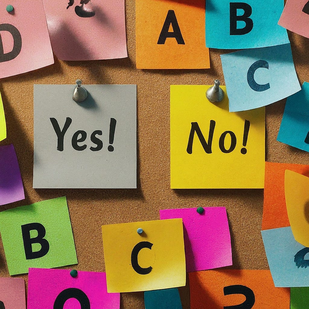 Post-It notes on a board that say “Yes”, “No”, “A”, “B”, “C”, etc.