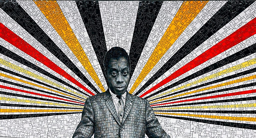 This mosaic mural of James Baldwin is artwork by Rico Gatson and is displayed in the 167th Street subway station in the Bronx. The artwork features glass mosaic tiles with James Baldwin in the middle. Baldwin is looking forward and wearing a suit and tie. Arrays of red, gold, black, and white shine out from behind his head and shoulders.