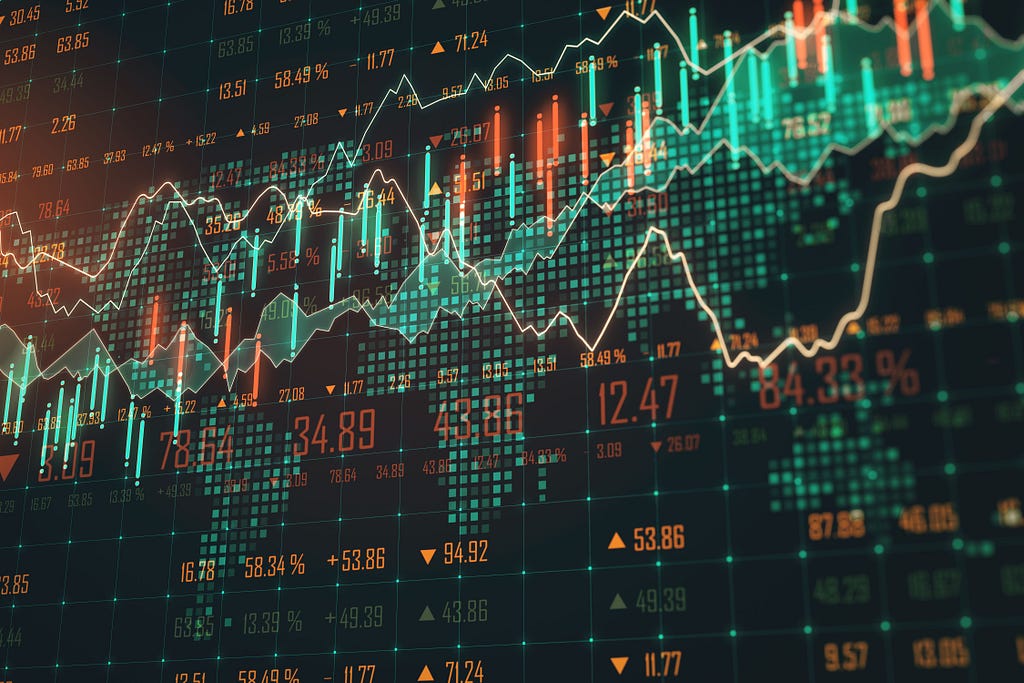 Glowing forex graph on blurry background with map. Global business, trade and stats concept. 3D Rendering