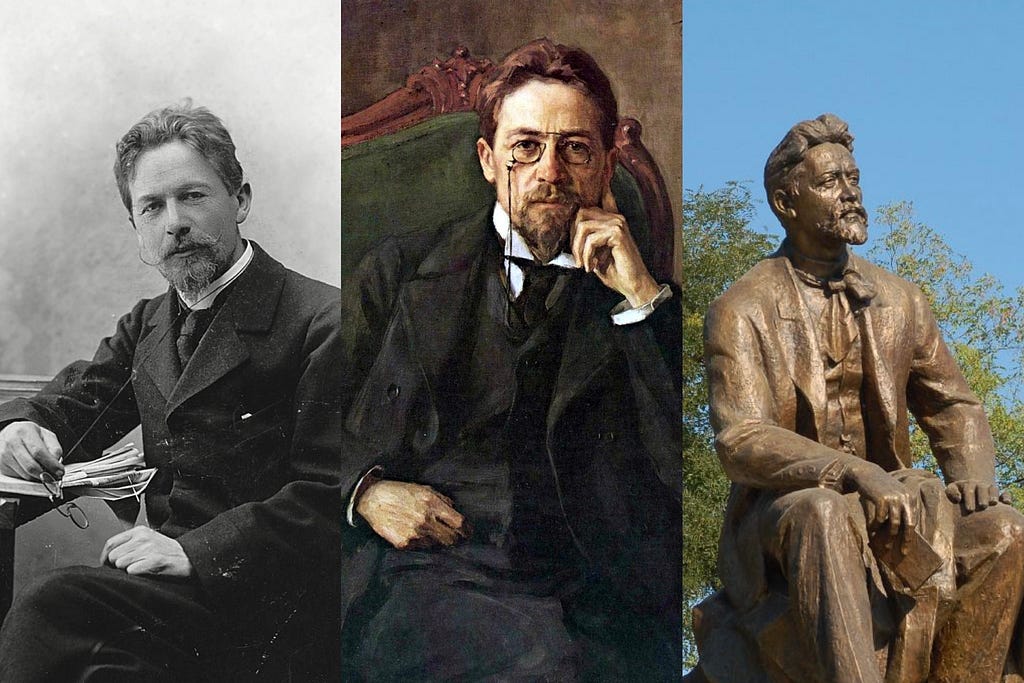 The image on the left is a photograph of the world-famous and highly accomplished author Anton Chekhov sitting at a desk while wearing a dark suit and a slight smile and a fancy mustache and beard, the center image shows a painting of Anton Chekhov wearing a dark suit and old-fashioned glasses while sitting in a green-padded nineteenth-century-style chair, and the image on the right shows a bronze statue of a seated Anton Chekhov outdoors, with sky and trees in the background
